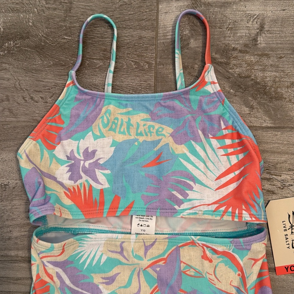 Salt Life Girls Size 10 one piece swimsuit with a two piece look in front Purple - Picture 2 of 11